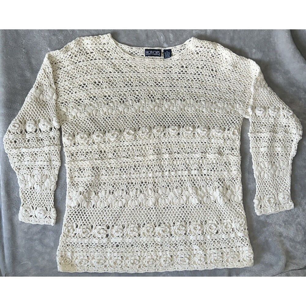 Honors Vintage 90s Womens Med Cotton Crochet Open Knit Top Floral